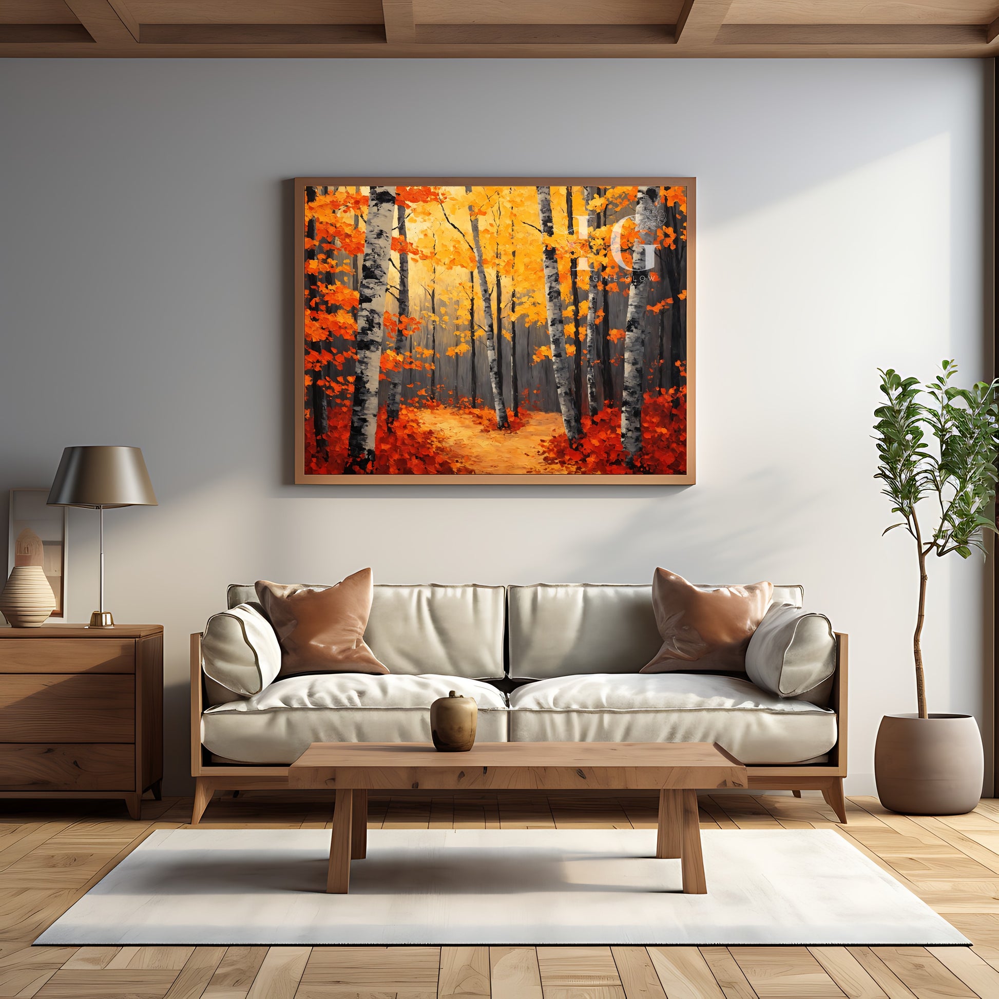 Vibrant fall forest path print for seasonal wall art