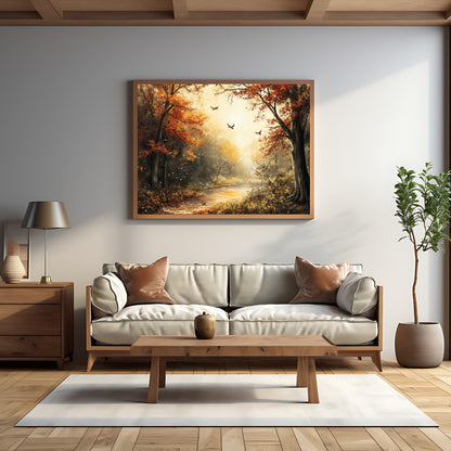 Richly colored fall forest artwork for warm, seasonal interiors