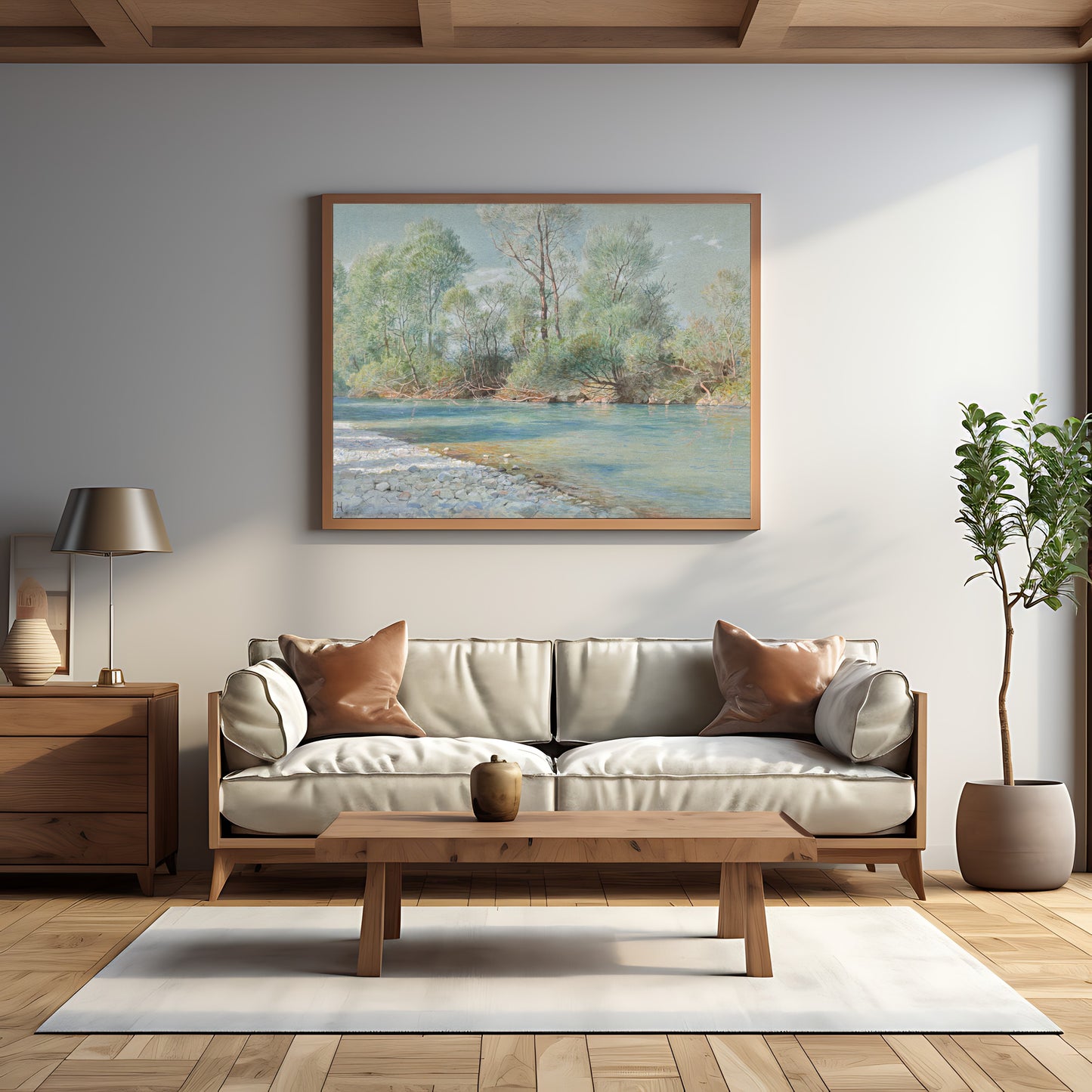 Vintage landscape illustration of a serene river in lush woodland