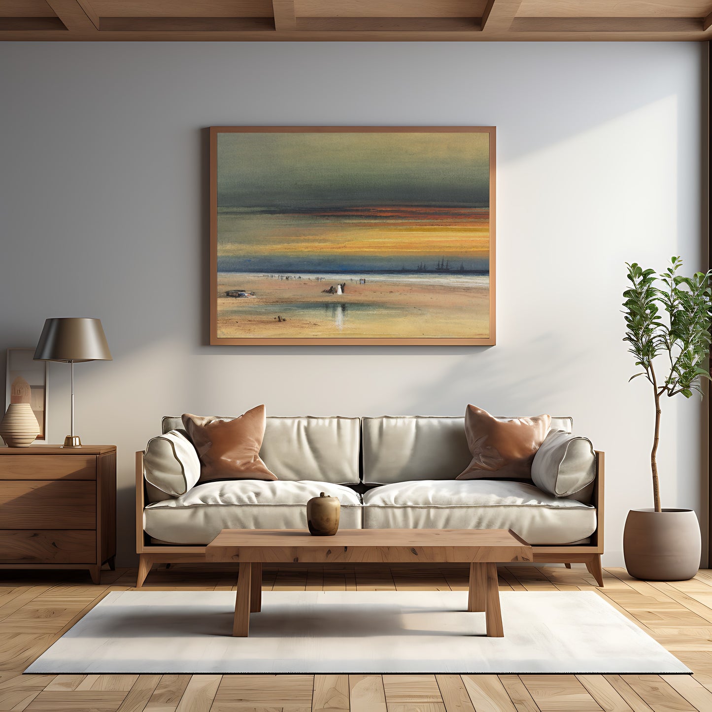 Vintage-style beach at sunset printable painting for classic decor.