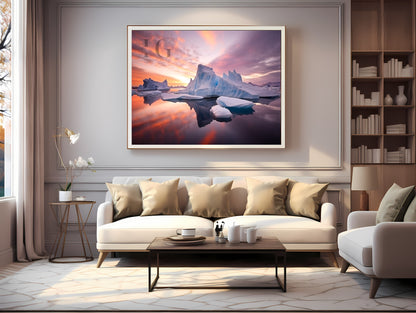 Majestic iceberg wall art glowing in sunset colors