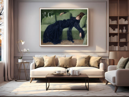 Printable female portrait of a young woman on a sofa for wall decor