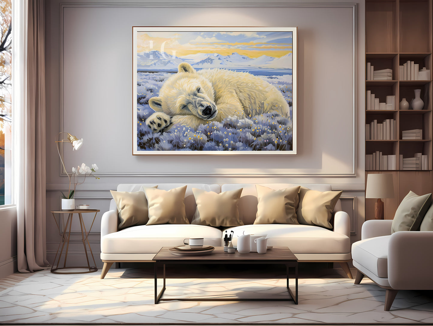 Beautiful illustration of a polar bear in vibrant floral setting