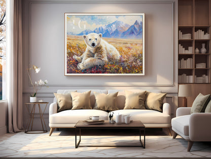 Printable wall art featuring a polar bear among colorful flowers