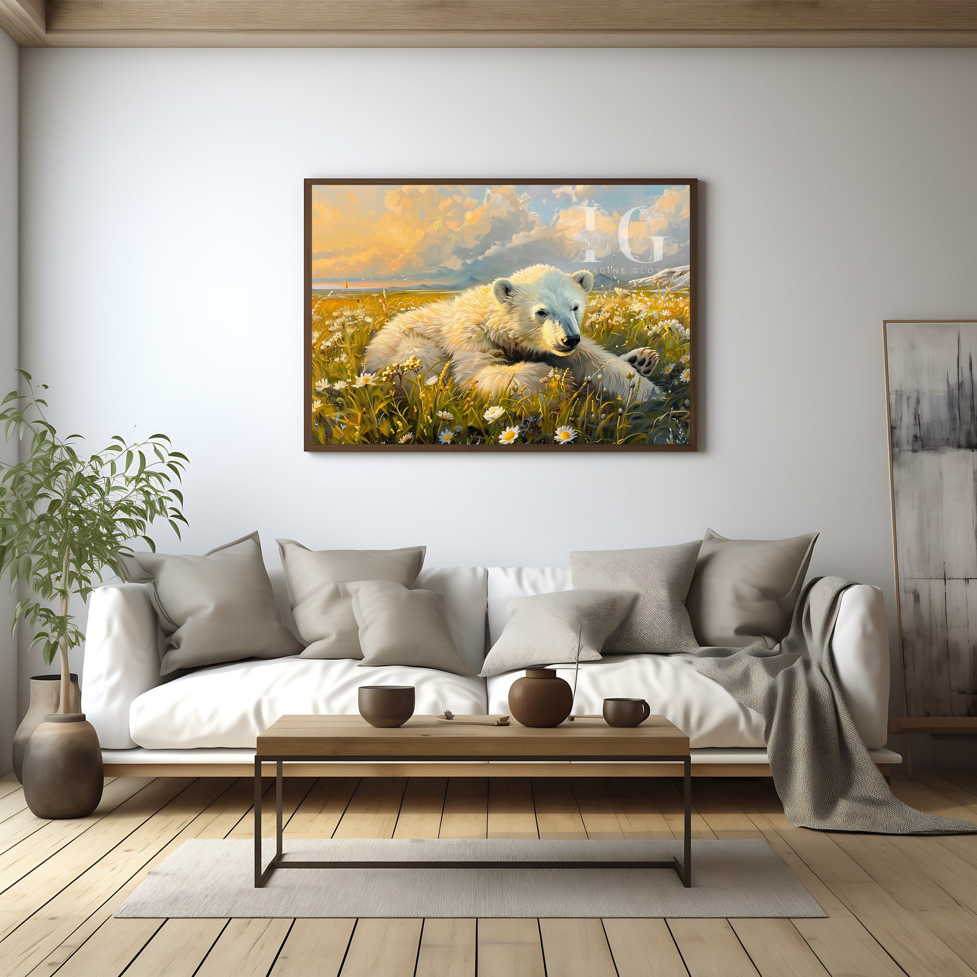 Charming illustration of a polar bear in a vibrant floral landscape