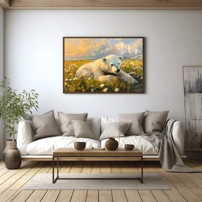 Charming illustration of a polar bear in a vibrant floral landscape