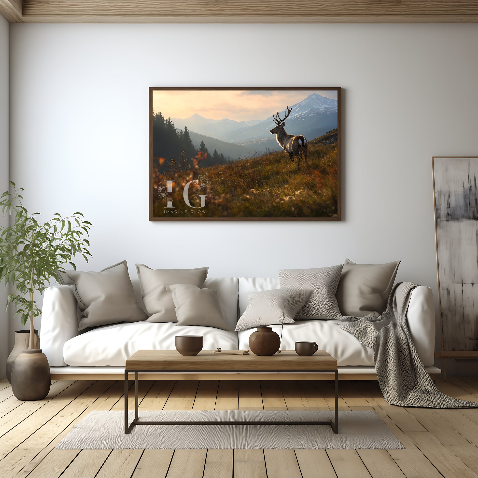 Printable wall art featuring a detailed reindeer illustration