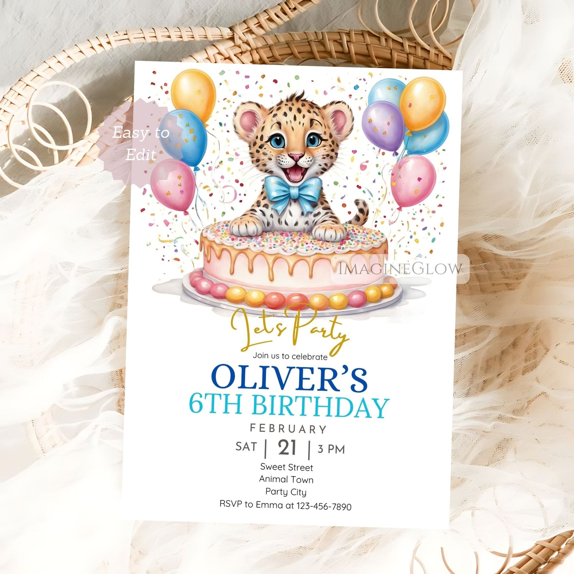 Wild animal party invite for boys featuring leopard
Leopard birthday invitation with jungle design for boys
