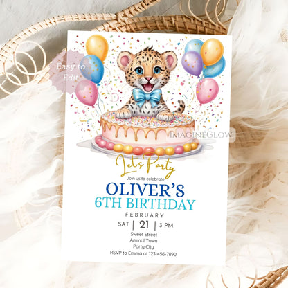 Wild animal party invite for boys featuring leopard
Leopard birthday invitation with jungle design for boys
