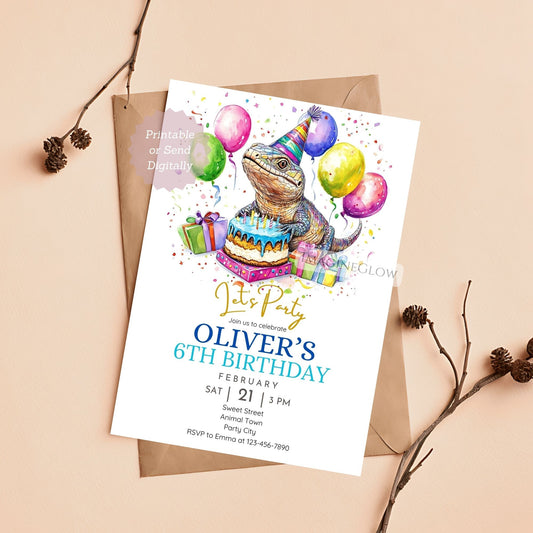 Skink birthday invitation with lizard theme


