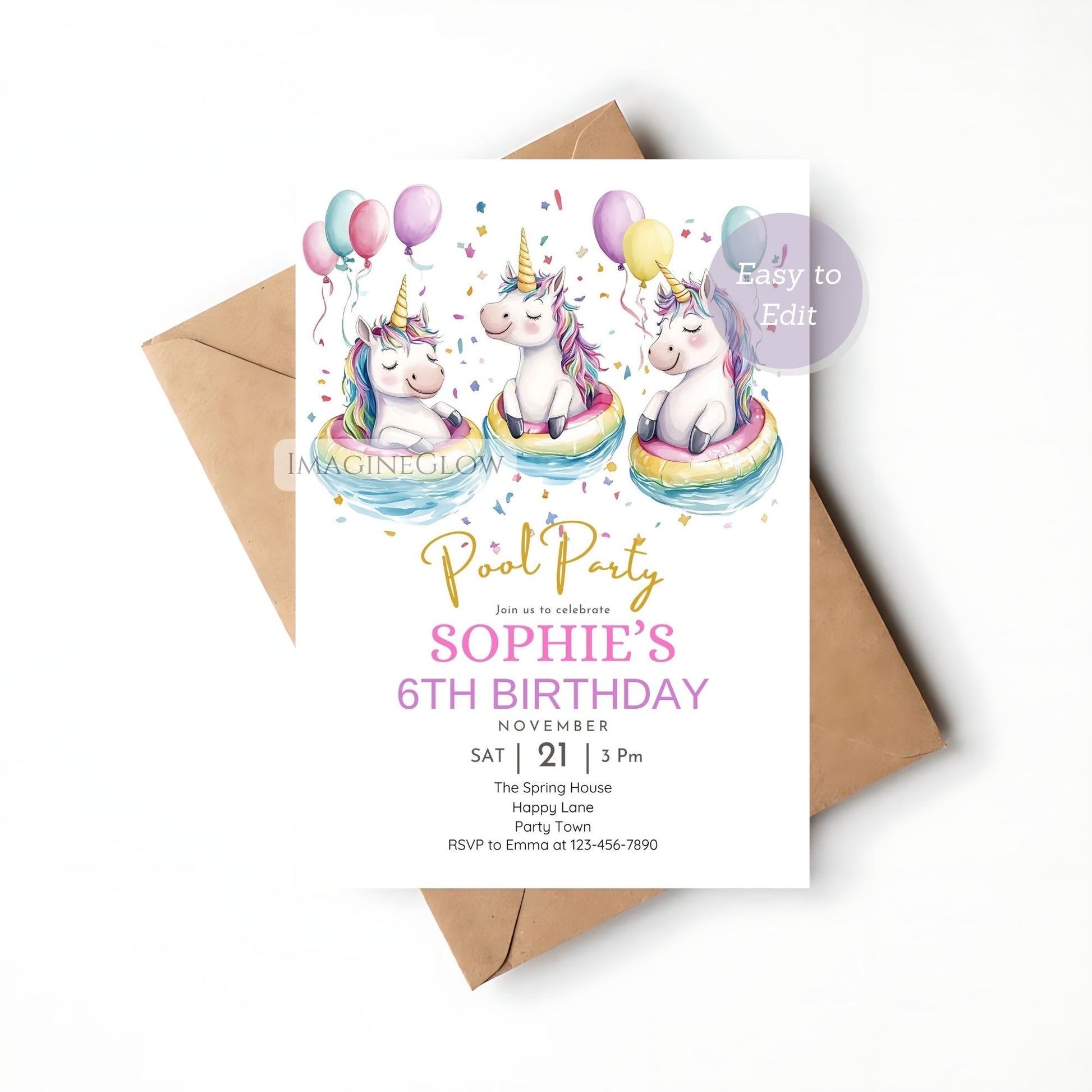 Rainbow pool party invitation with unicorn
