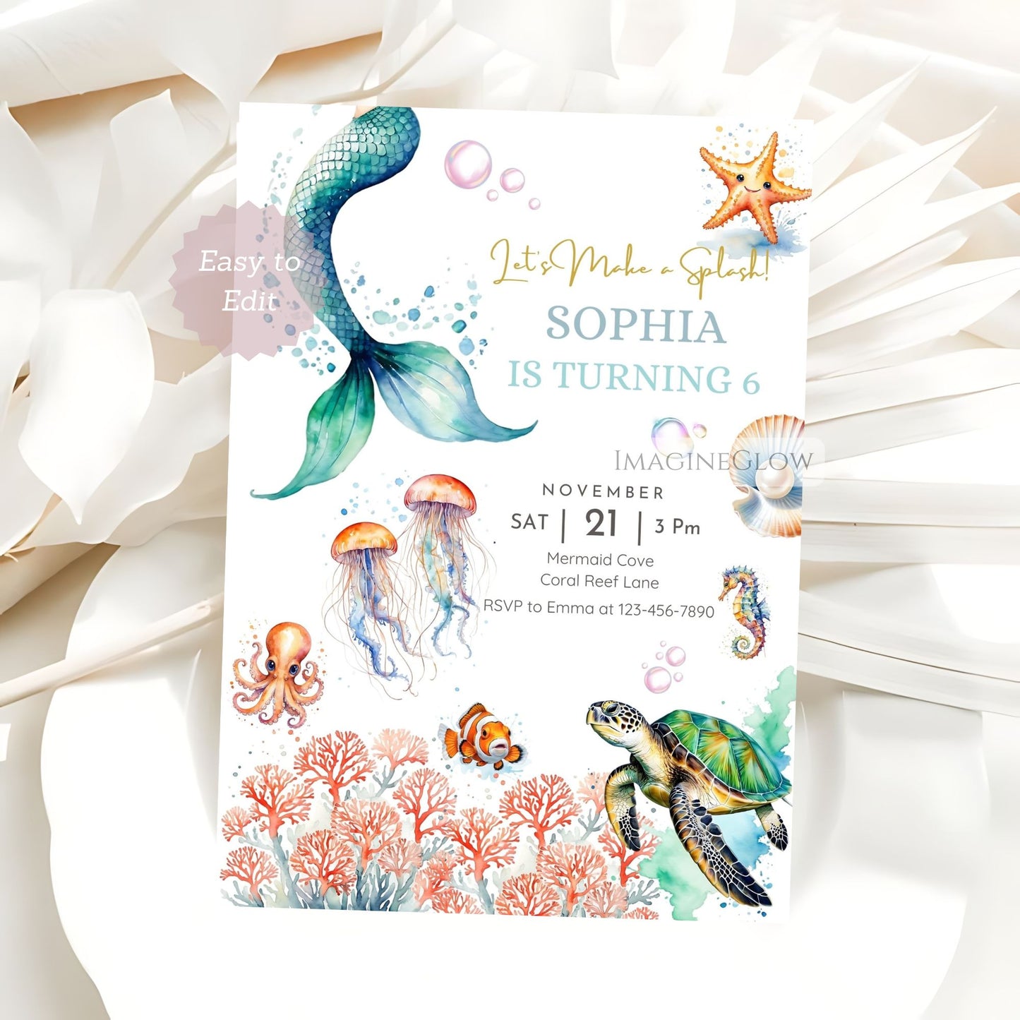 Underwater-themed birthday invitation with mermaid, fish, and turtle on a white background