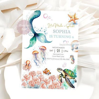 Underwater-themed birthday invitation with mermaid, fish, and turtle on a white background