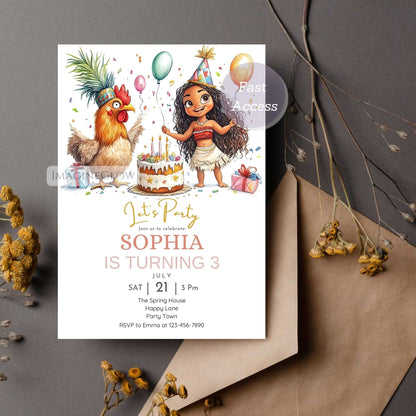 Moana inspired rooster invitation
Tropical kids birthday card
