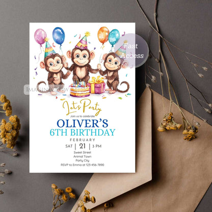 Digital monkey birthday card for boys or girls

