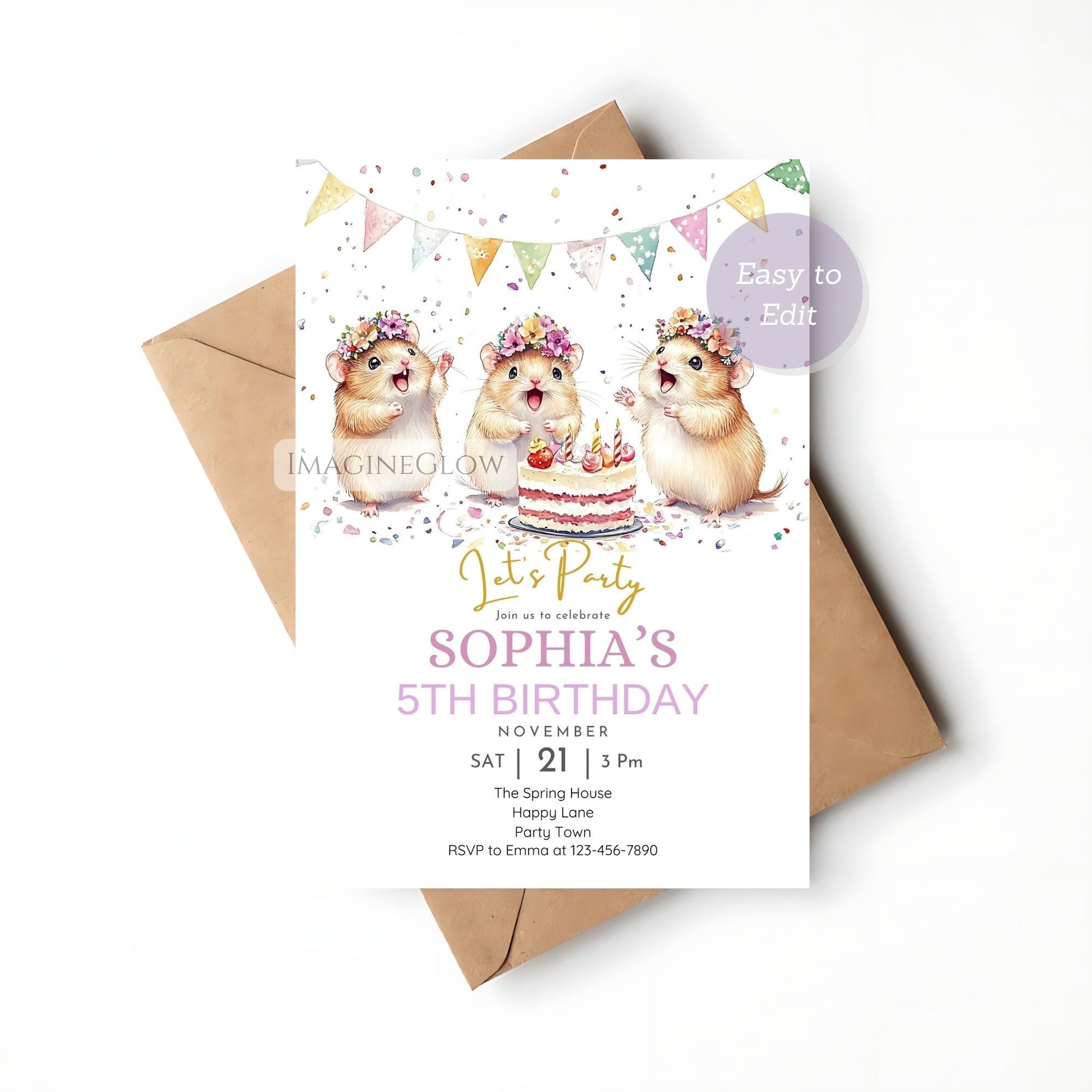 Digital download hamster birthday invitation
