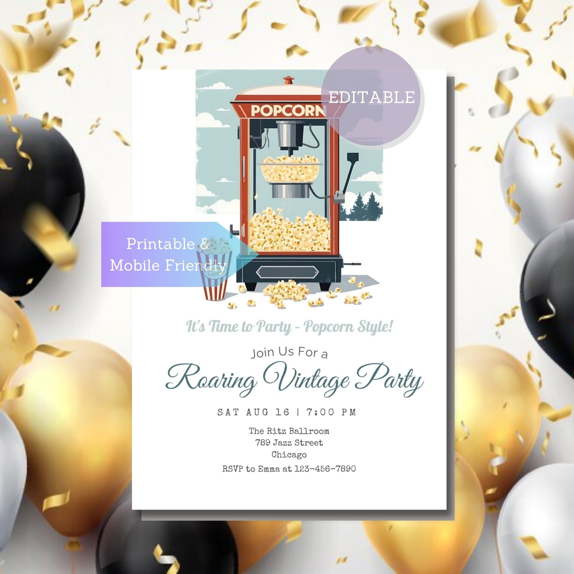 Retro popcorn machine party invitation, perfect for snacks and movie lovers, available as a digital download for easy printing and party planning