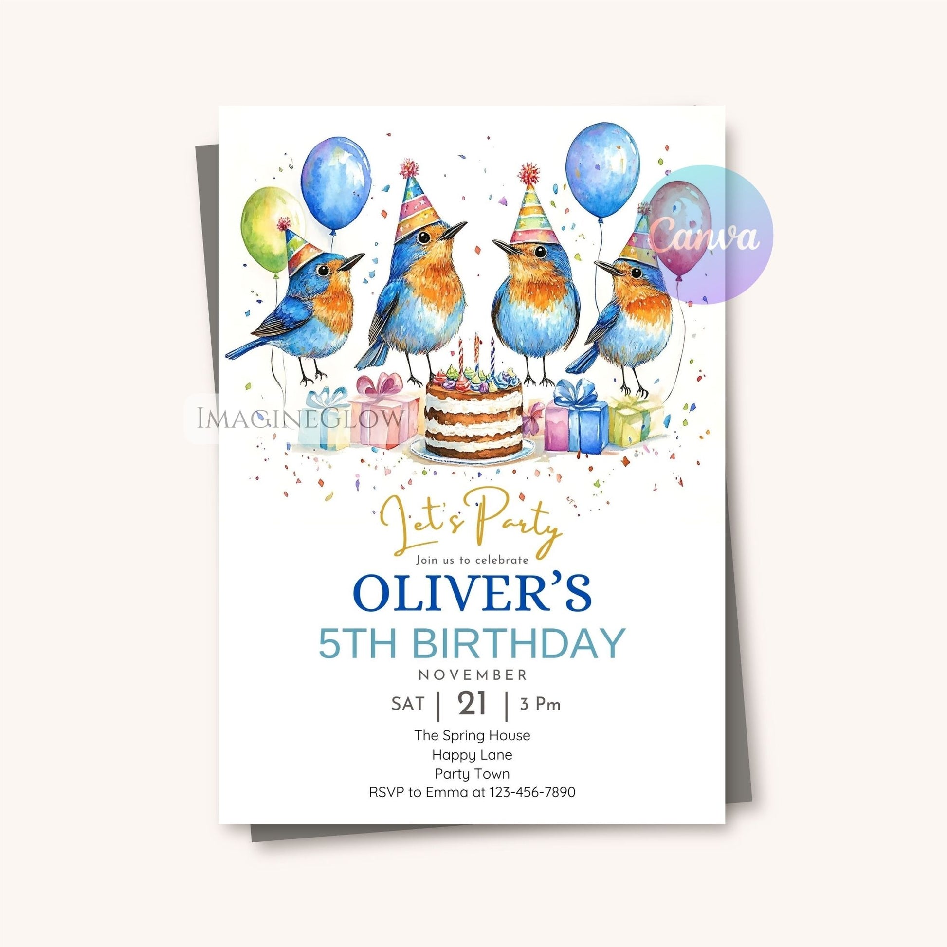 Spring bluebird invitation for kids party
Charming garden birthday invitation with bird
