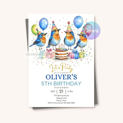 Spring bluebird invitation for kids party
Charming garden birthday invitation with bird
