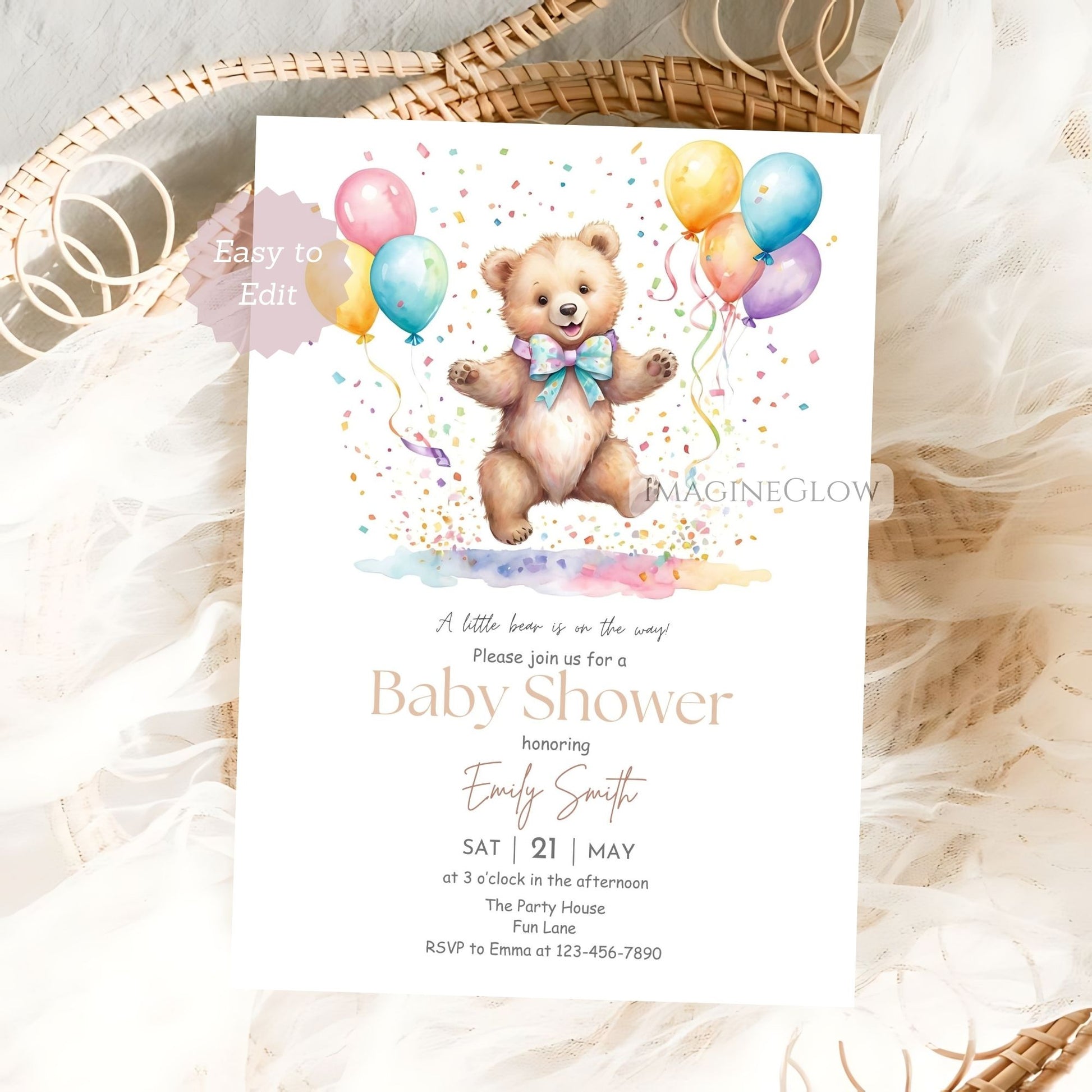 Woodland bear baby shower invite for all genders
