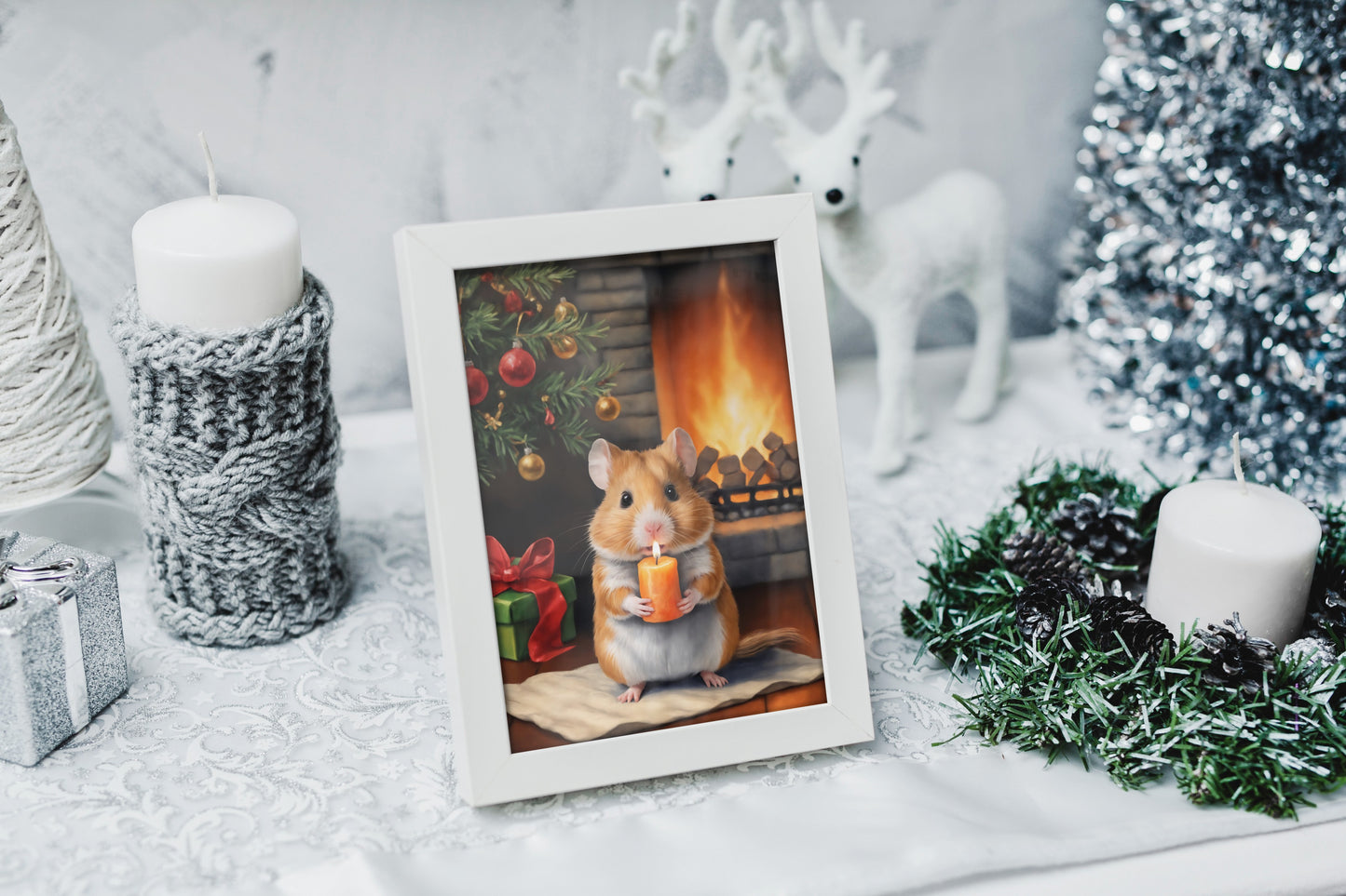 Adorable Christmas-themed wall art featuring a cheerful hamster