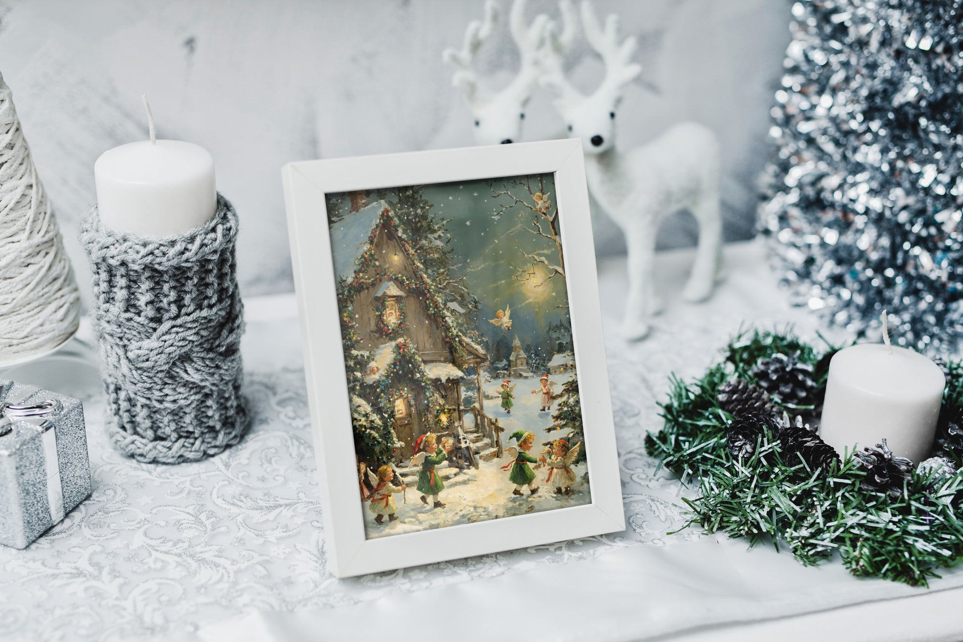 Festive wall decor showcasing a joyful scene of Christmas elves and angels.