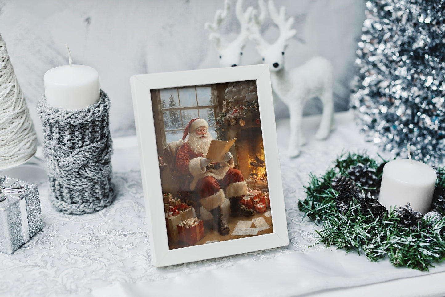 Christmas Santa reading artwork for cozy seasonal ambiance