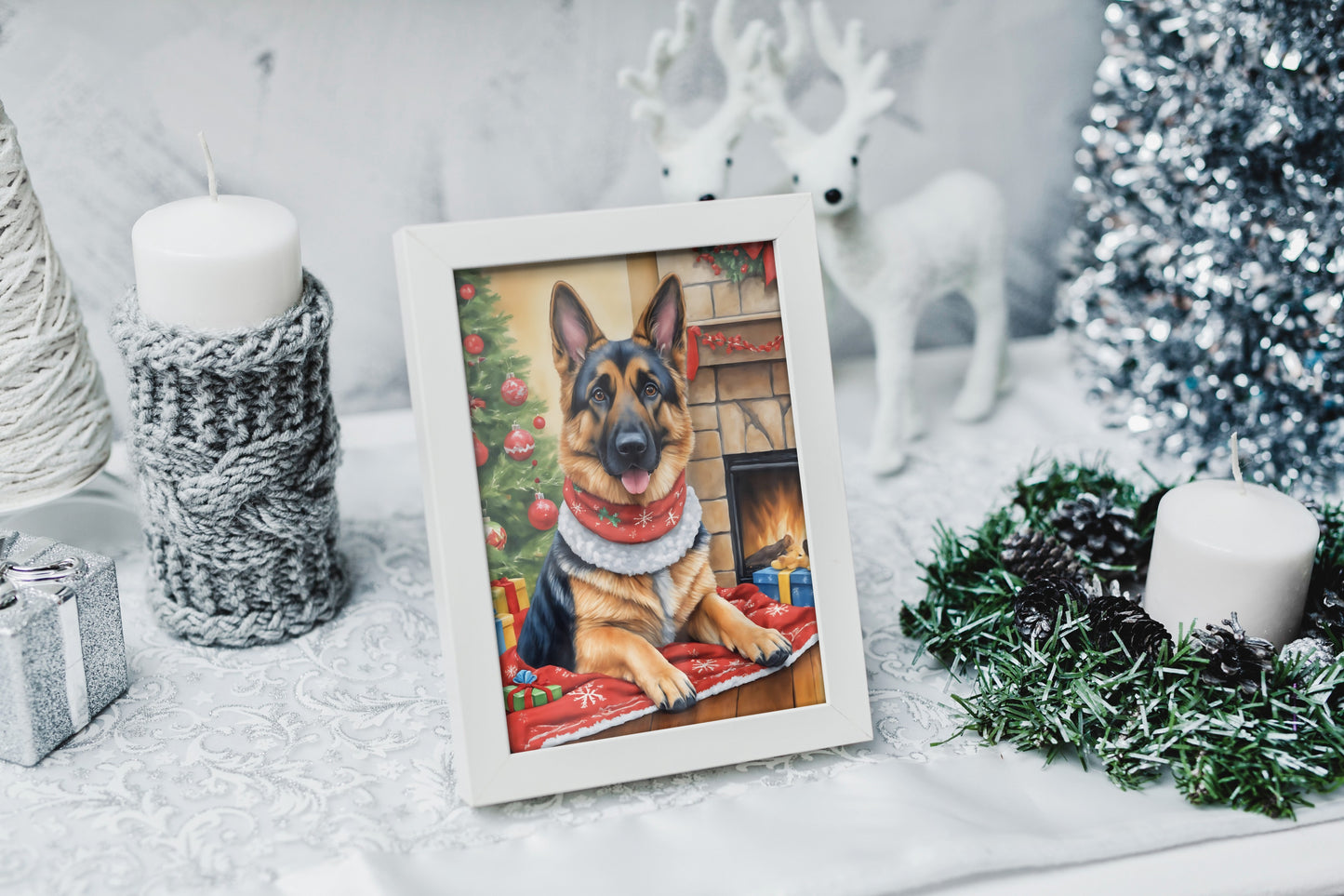 Festive wall art featuring a German Shepherd in holiday attire