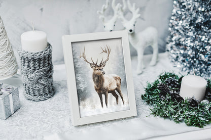 Reindeer in Snowy Forest Art Print - Printable Winter Wall Decor for Holiday Magic