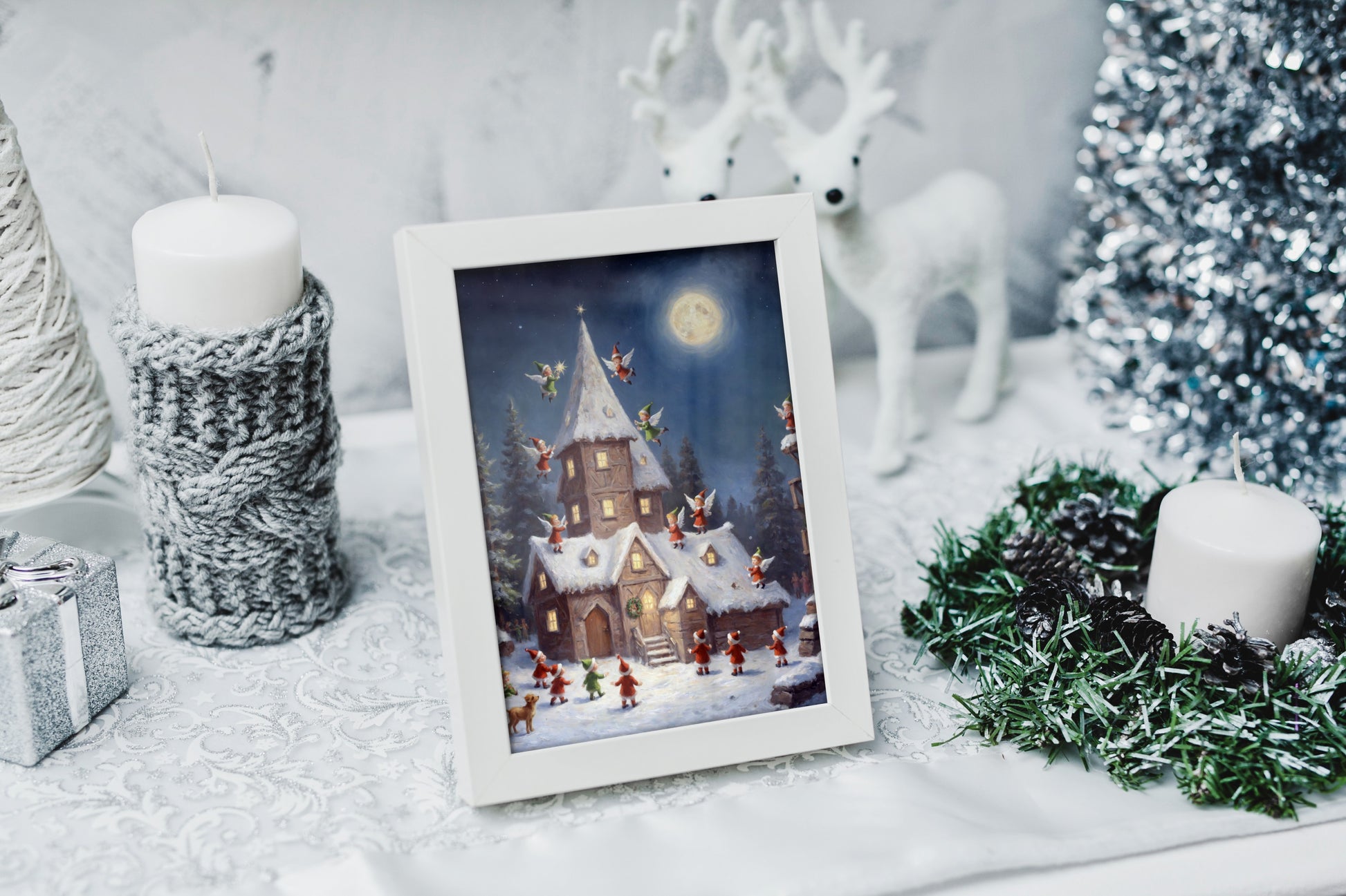 Playful Christmas elves and angels spreading holiday cheer, perfect for winter wall decor.