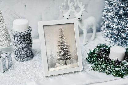 Classic holiday artwork of a Christmas tree in winter for home decoration