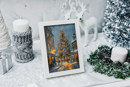 Festive wall decor with a holiday street scene, perfect for Christmas home styling.