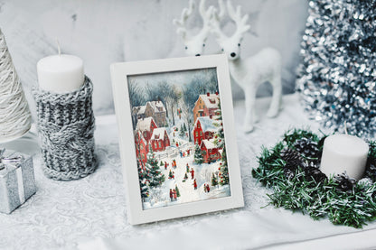 Charming holiday wall decor featuring a Christmas village scene