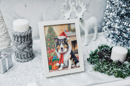 Printable holiday art featuring a joyful Collie dog