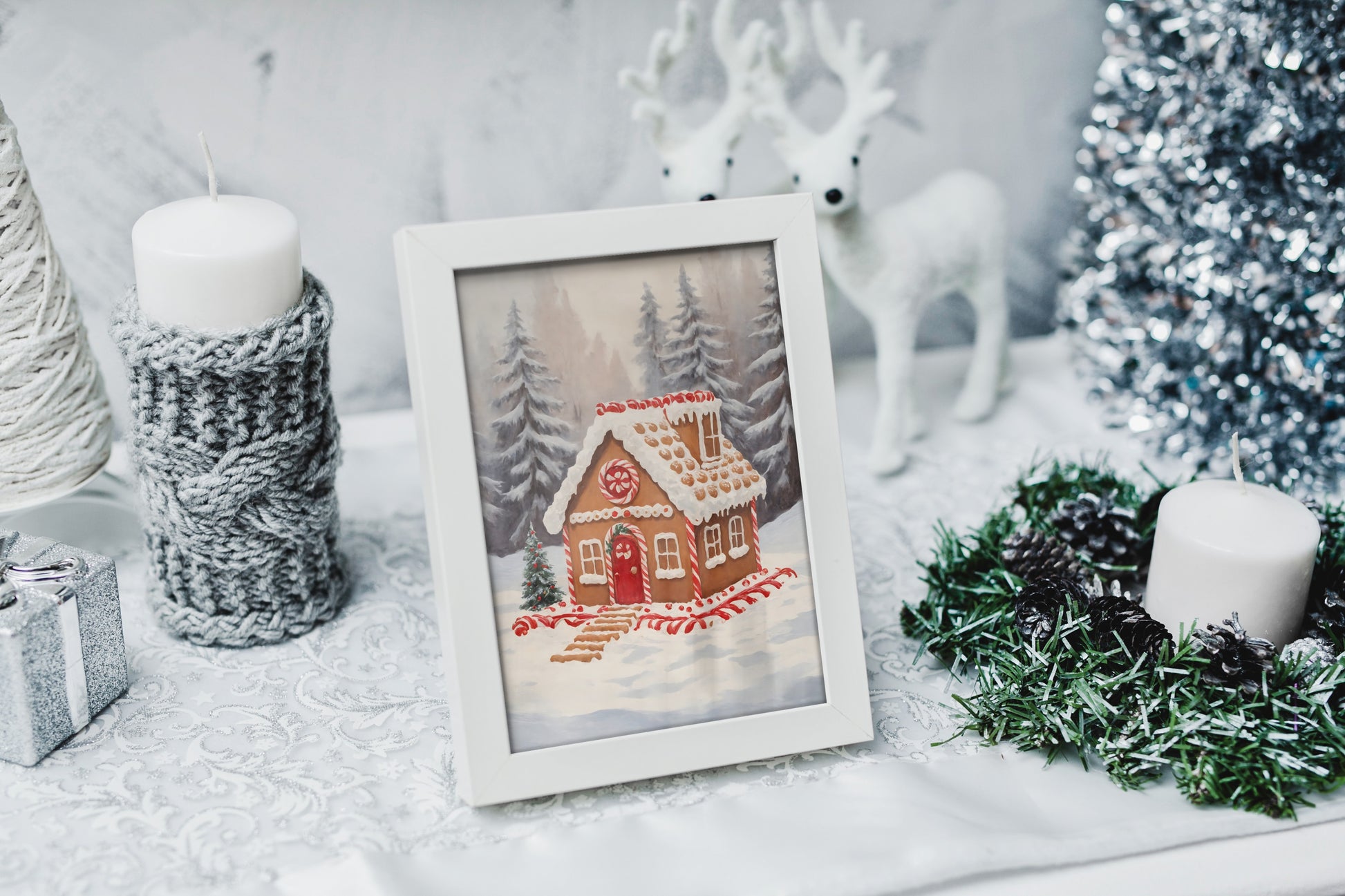 Beautifully decorated gingerbread house artwork, ideal for adding Christmas charm to any room.