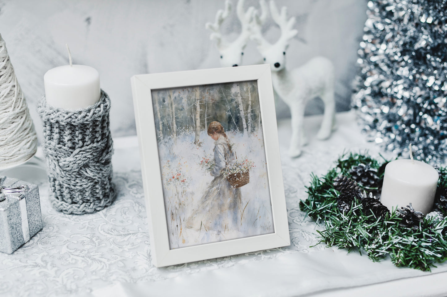 Snowy forest artwork with a vintage girl for sophisticated winter decor