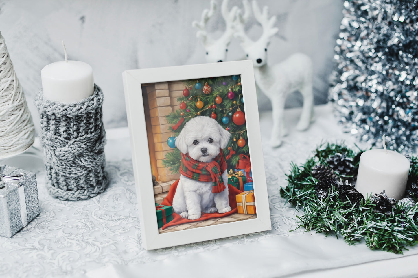 Festive Bichon Frise dog design for holiday wall decor.