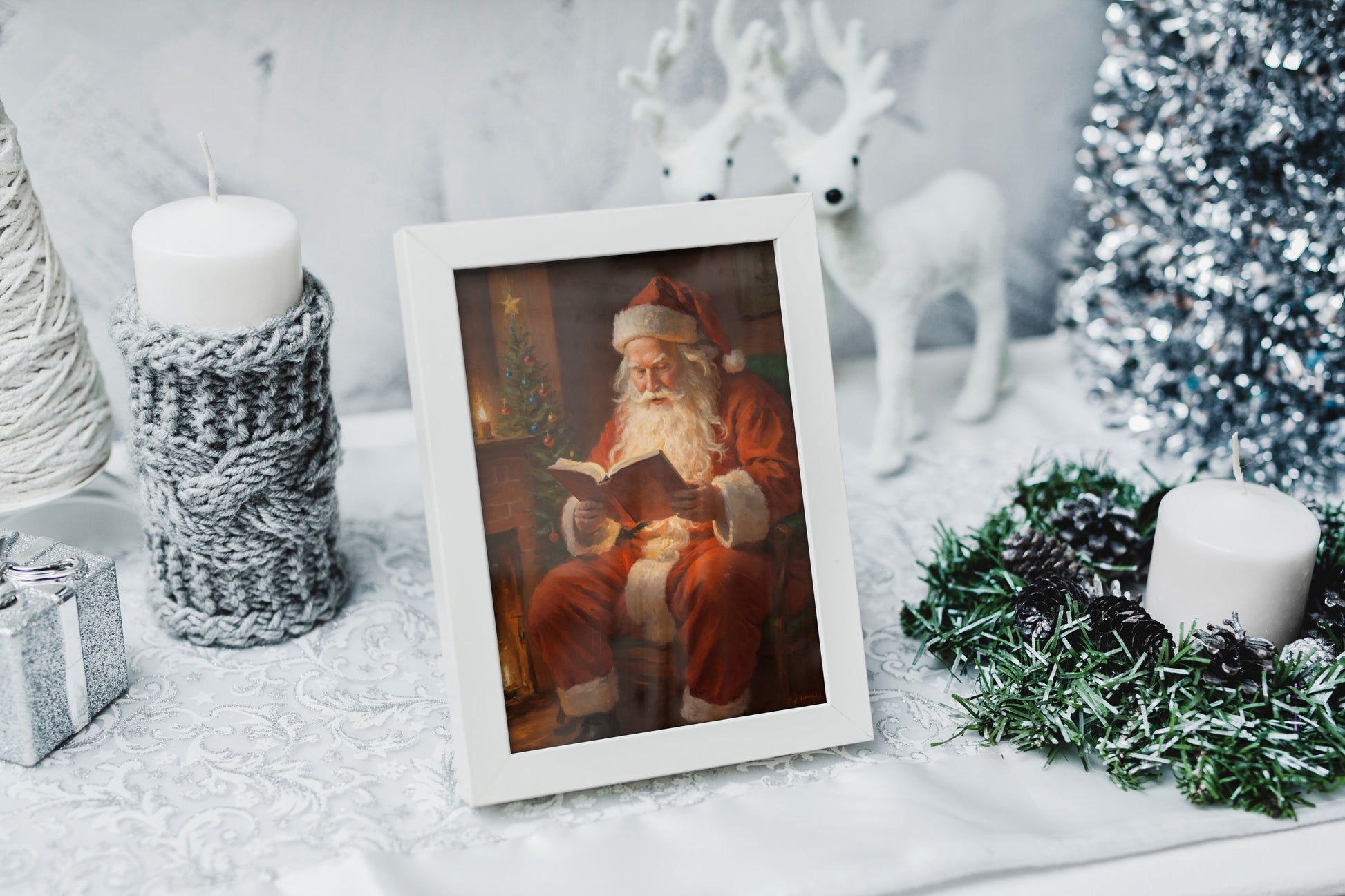 Charming holiday artwork of Santa reading for Christmas home decor