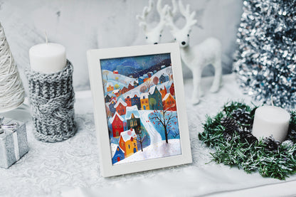 Charming wall decor showcasing a vibrant village in a winter landscape