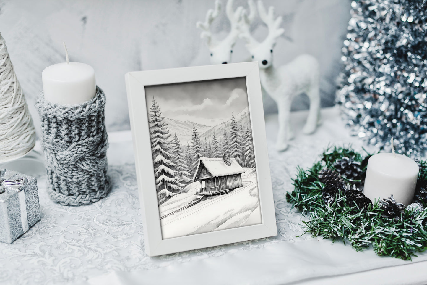 Serene winter landscape featuring a cozy holiday cottage