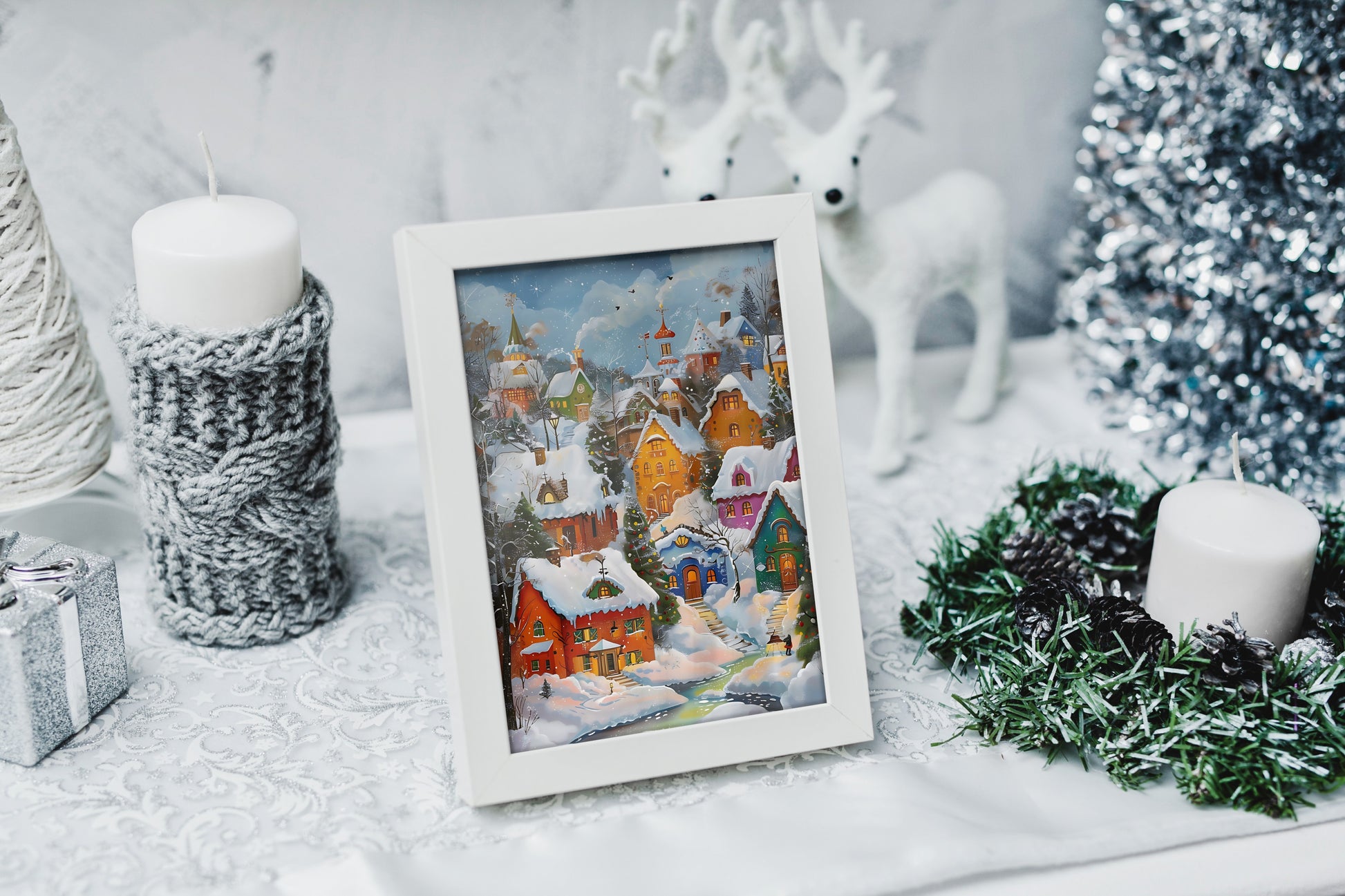 Vibrant winter wall decor featuring a festive village in the snow