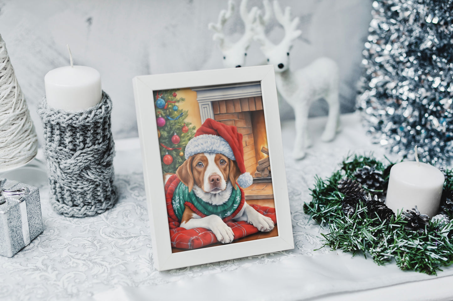 Cute Brittany dog in a festive setting, available as printable wall art.