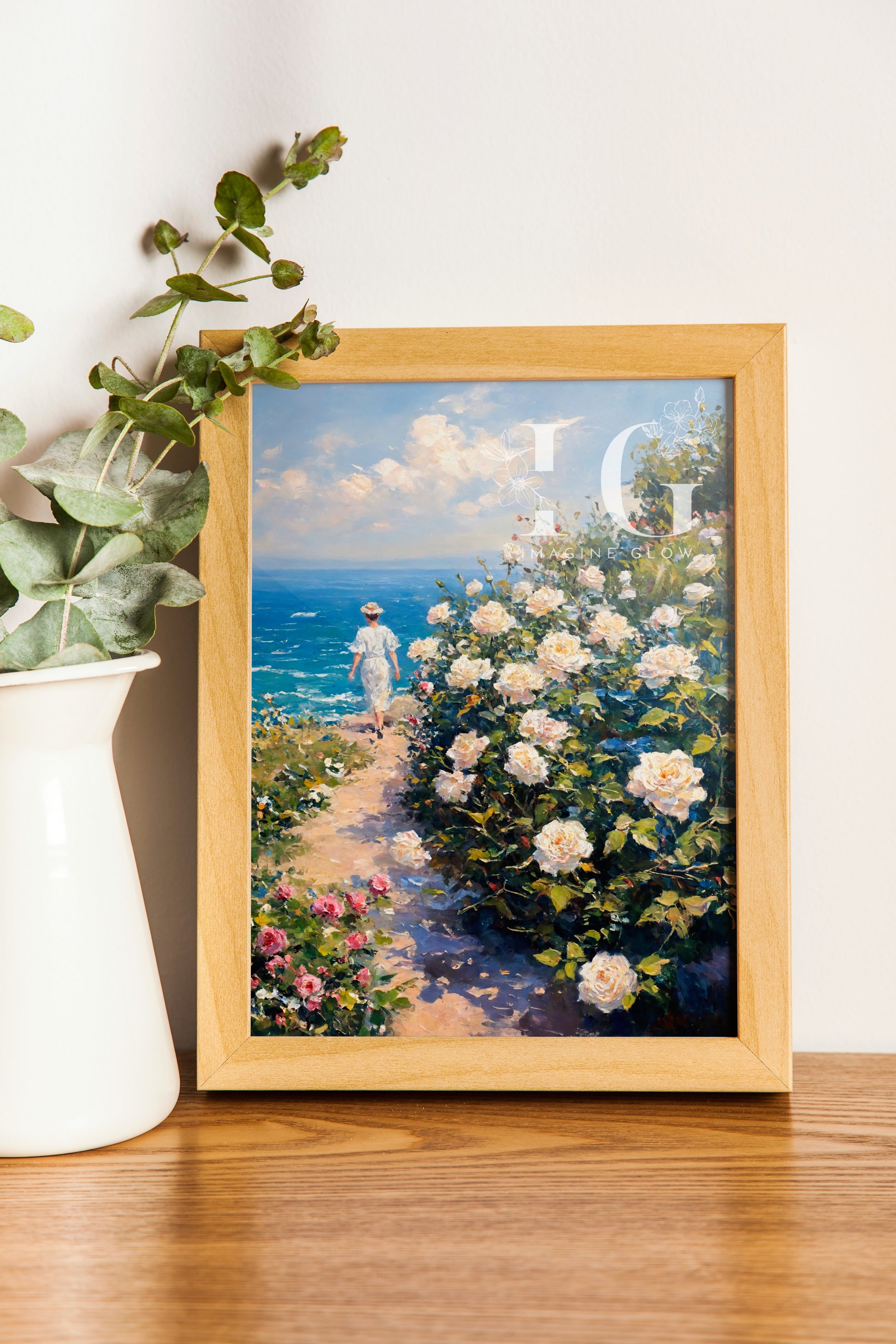 Classic wall art of a woman strolling through a rose-filled path