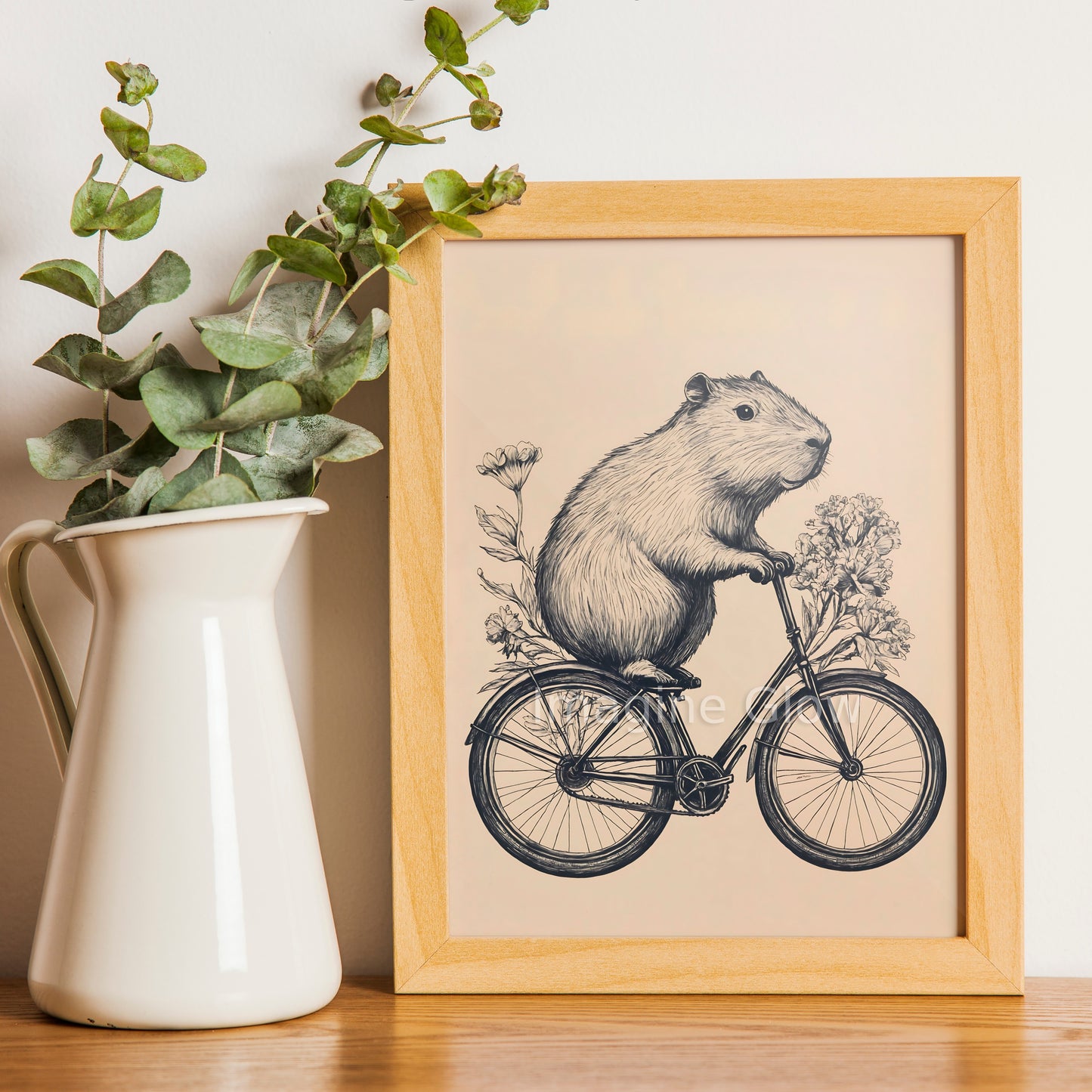 Unique Capybara art print on a bike, designed to bring a whimsical vibe to your room.