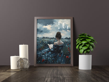 Antique-style art of a girl reading in a serene flower field with moody tones