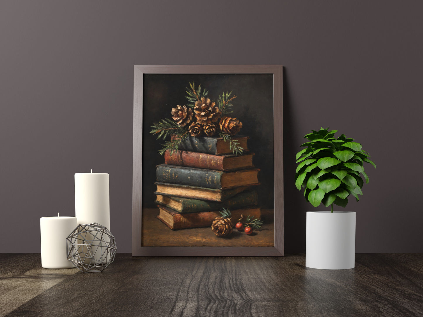 Charming old books art print for creating cozy and warm holiday vibes