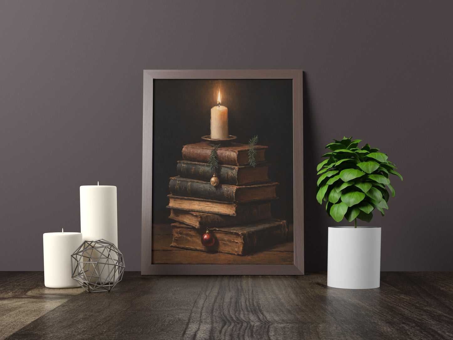 Vintage-inspired art print of old books for warm, rustic holiday decor