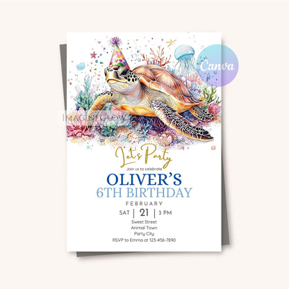 Sea turtle themed birthday card
Printable turtle ocean party invite
