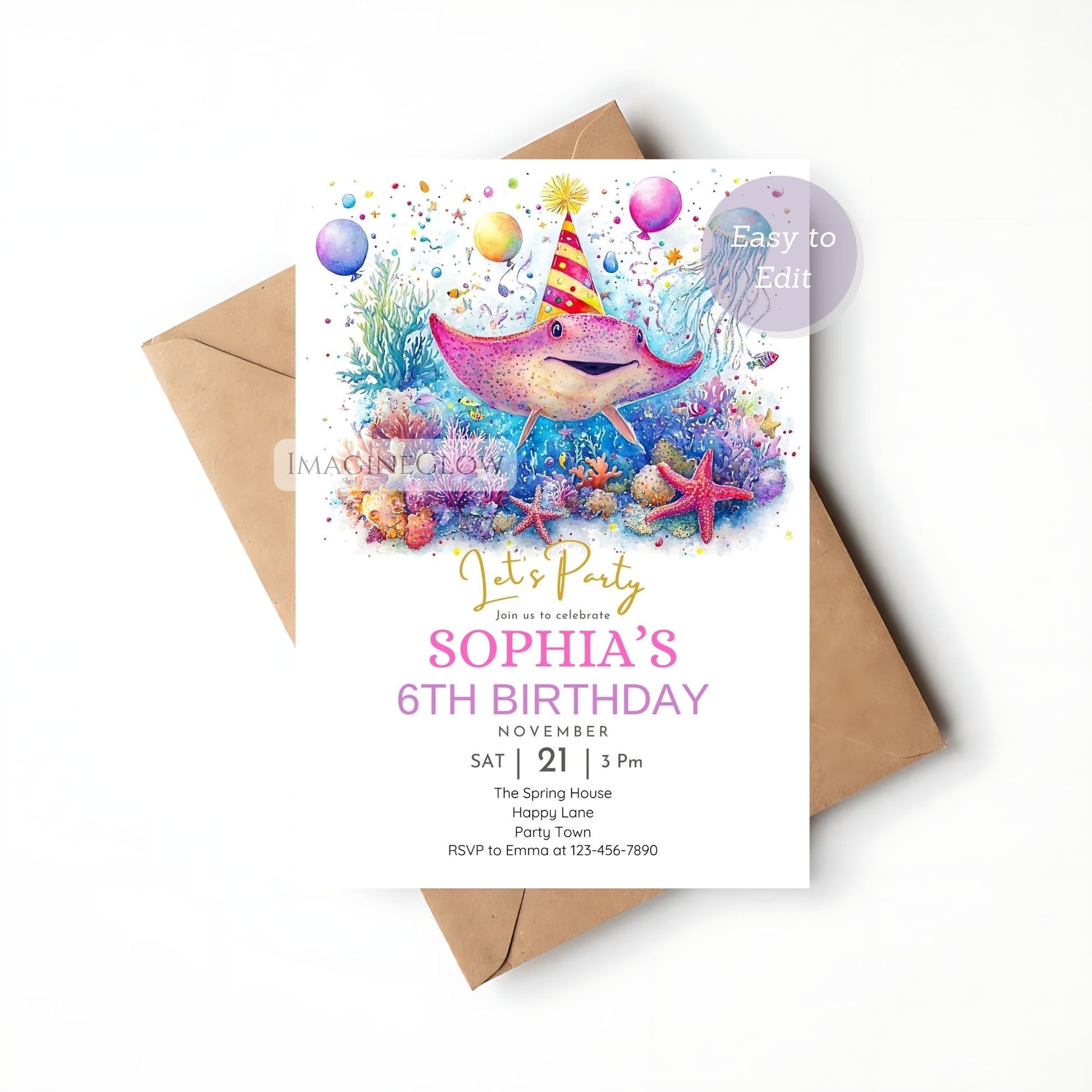 Editable stingray birthday card template
Sea animal invitation with cute stingray design
