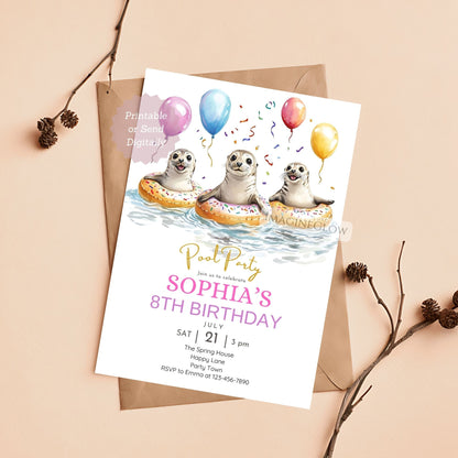 Seal Pool Party Birthday Invitation - Cute Ocean Animal Summer Party Invite